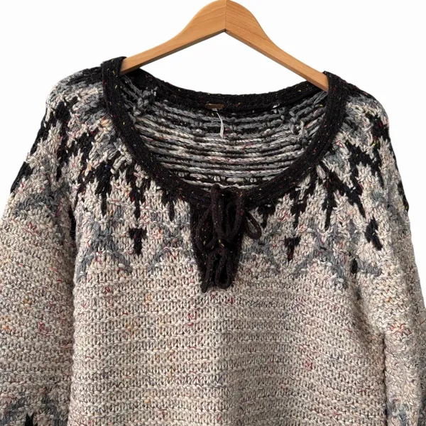 Free People Womens Love‎ Bug Nordic Fair Isle Lace Up Sweater Size L Lodgecore - Image 5