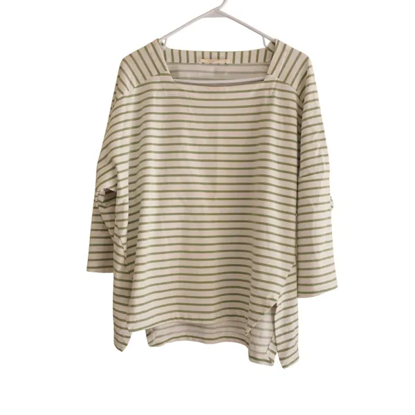 Urban by Alembika Jagger Stripe Top Sage Green White Striped Square Neck Cotton‎ - Image 4