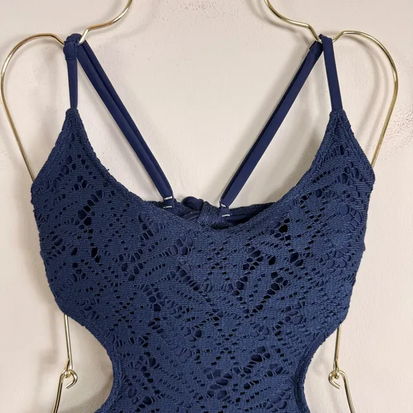 Aerie Navy Blue Crochet Monokini Cutout One Piece Swimsuit‎ Womens Medium Cheeky - Image 3