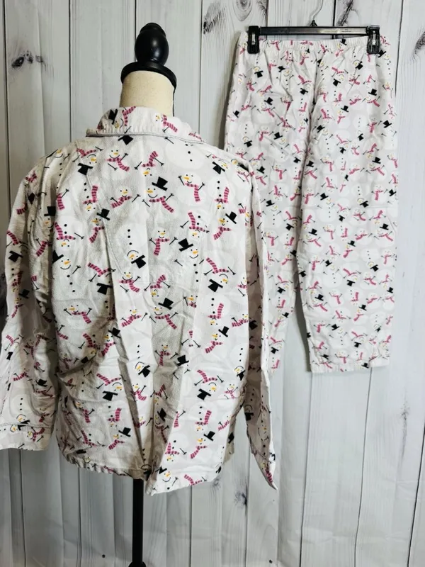 Charter Club Intimates Fleece Pajama Set Sz L White Pink Snowman Pockets - Image 6