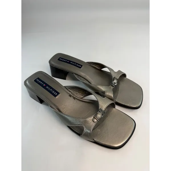 Tommy Hilfiger Vintage Metallic Silver Square Toe Block Heel Mules ALG-425 40 - Image 2