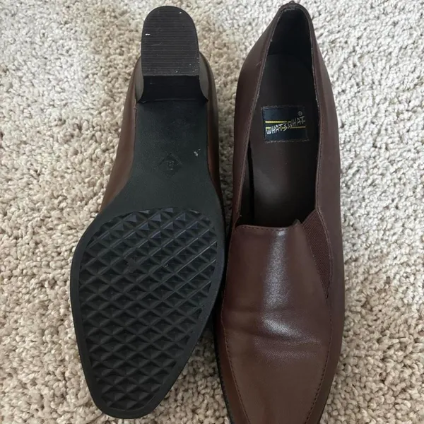 Vintage Brown Leather Loafers Whats What Block Heel Slip On‎ Pumps Size 8 Womens - Image 3