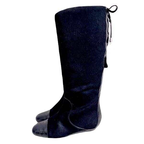 Migliorini Black Pony Hair Croc-Embossed Leather Corset-Back Boots, Size 7.5 - Image 4
