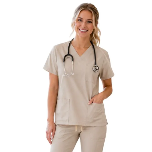 All Heart Biege V Neck Scrubs Top and Bottoms Set, S - Image 2