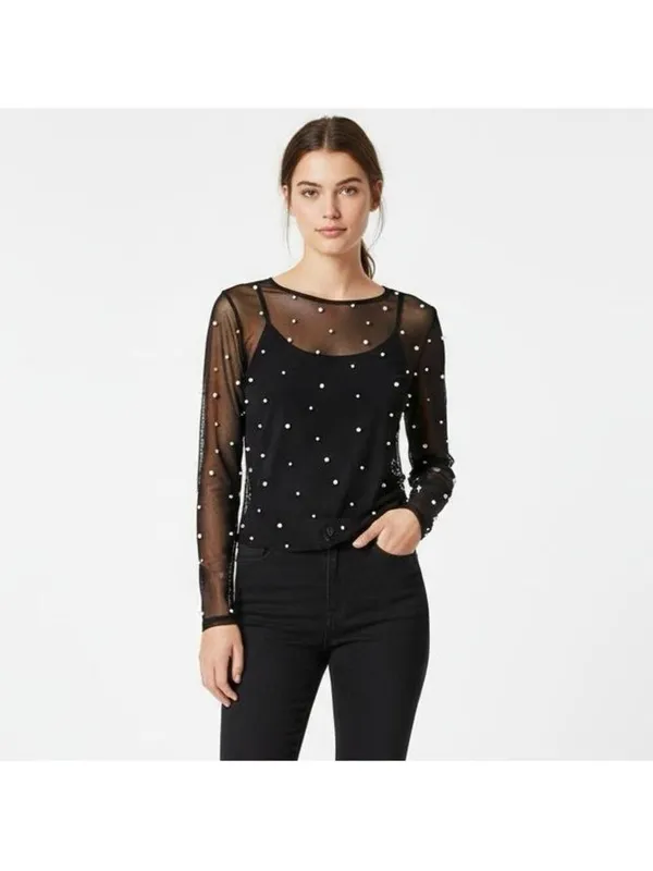 Amber Skies Pearl Embellished Sheer Mesh Top Black Cocktail Glam Whimsigoth XL - Image 3