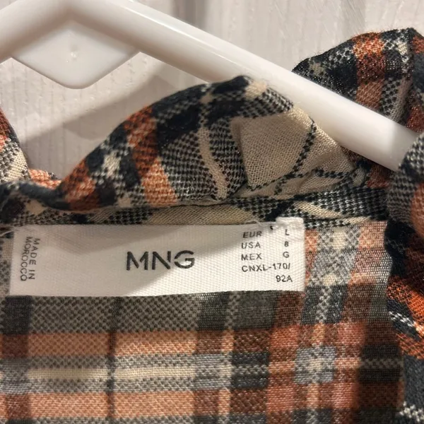 Mango MNG Womens Plaid Ruffle V-Neck Blouse Orange Black‎ Wool Blend 8 Academia - Image 4