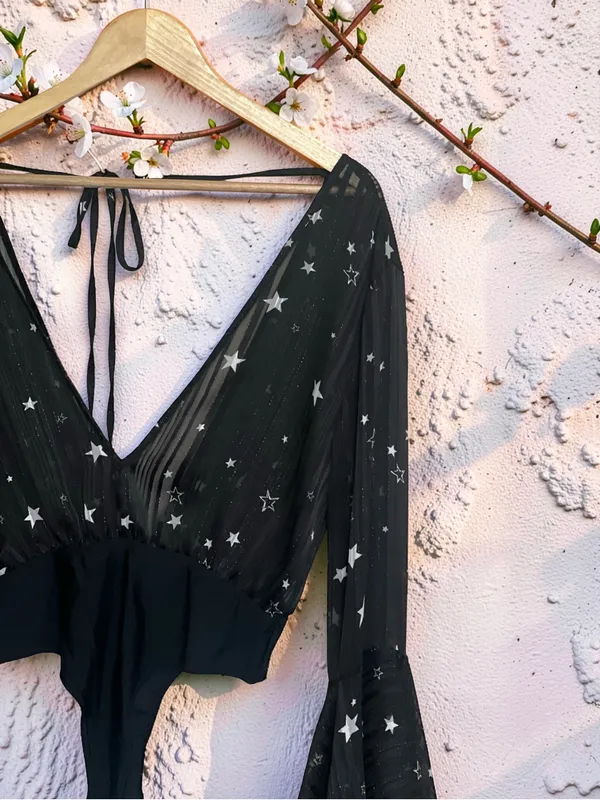 Nasty Gal Black Star Print Sheer Bell Sleeve Bodysuit Size 6 - Image 4