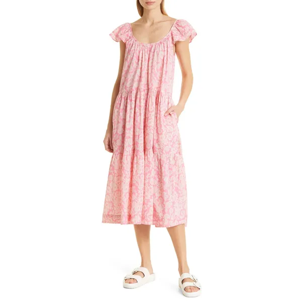 THE GREAT. The Plumeria Cotton Midi Dress Pink Floral Tiered Size 3 Large L - Image 2
