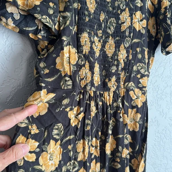 Abercrombie & Fitch Mini Dress Floral Grey Gold Smocked Boho Fall Fairy Y2K - Image 6