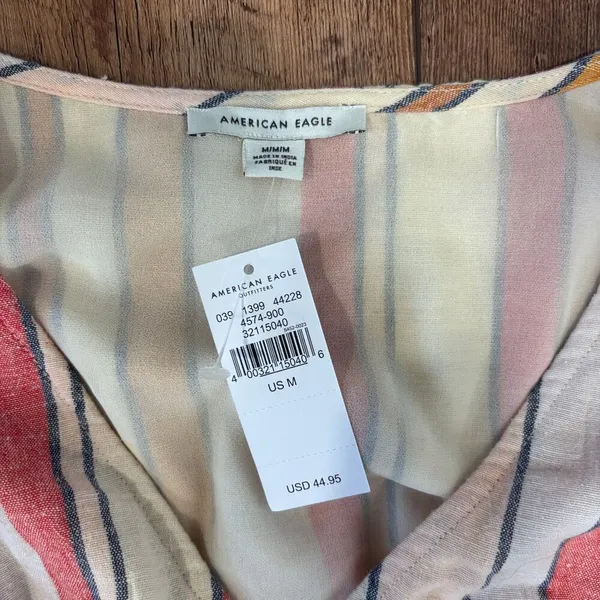 American Eagle Linen Blend Cream Pink Wrap Mini Ruffle Dress Women’s Size M NWT - Image 3