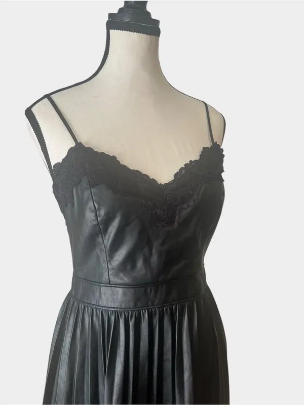 Express Black Faux Leather Pleated Midi Dress Lace Trim Small Goth - Image 6