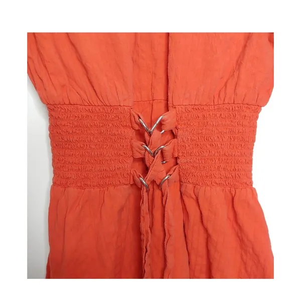 ASOS Burnt Orange Mini Dress Smocked Corset Waist Long Sleeve Cotton‎ S Pumpkin - Image 5