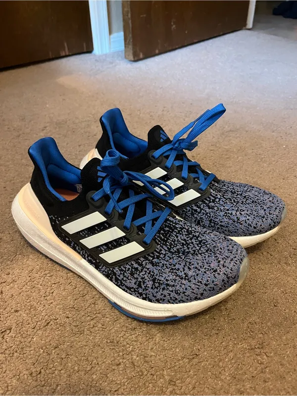 adidas Ultraboost Black & Blue Knit Athletic Sneakers with White Stripes - Image 3