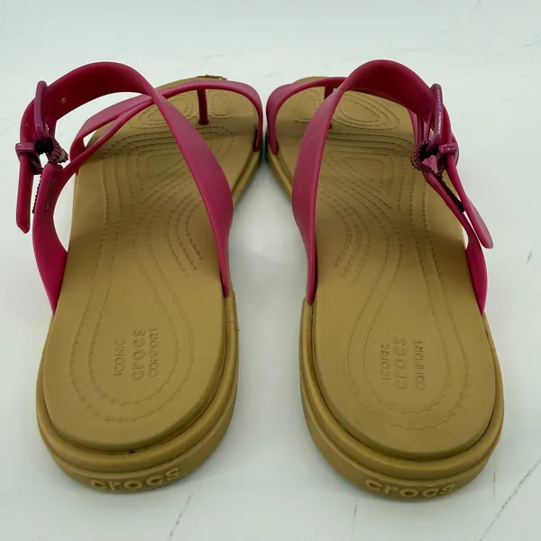 Crocs Tulum Toe Post Sandal Flip Flop Fuchsia Pink Tan Women 7 Buckle Straps - Image 5