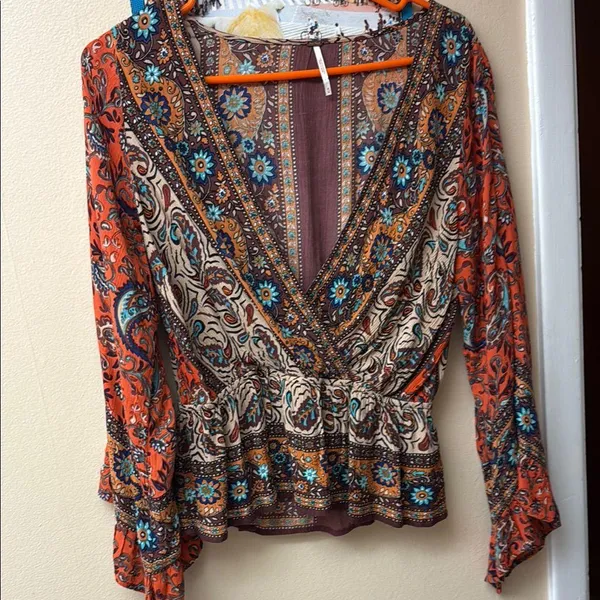 Free People Wrap Peplum Blouse in Brown and Orange Long Flared Sleeves - Image 6