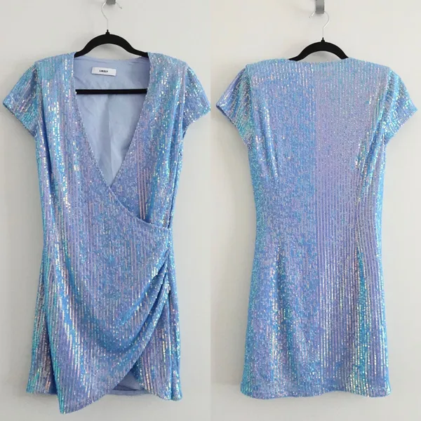 Likely Light Blue Sequin V-Neck Mini Wrap Dress Size S - Image 2