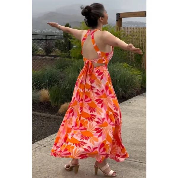 NWT Abel The Label Charlie in Pink Orange Floral Open Tie Back Midi Dress L - Image 9