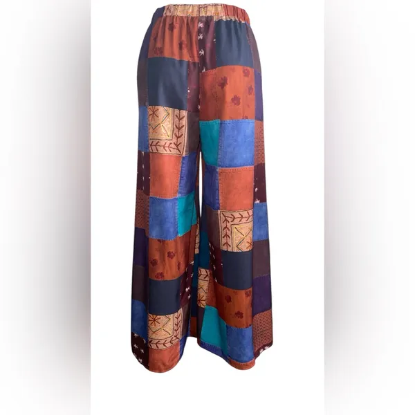 ROMWE Patchwork Wide Leg Pants - Blue, Brown, Orange - Image 2