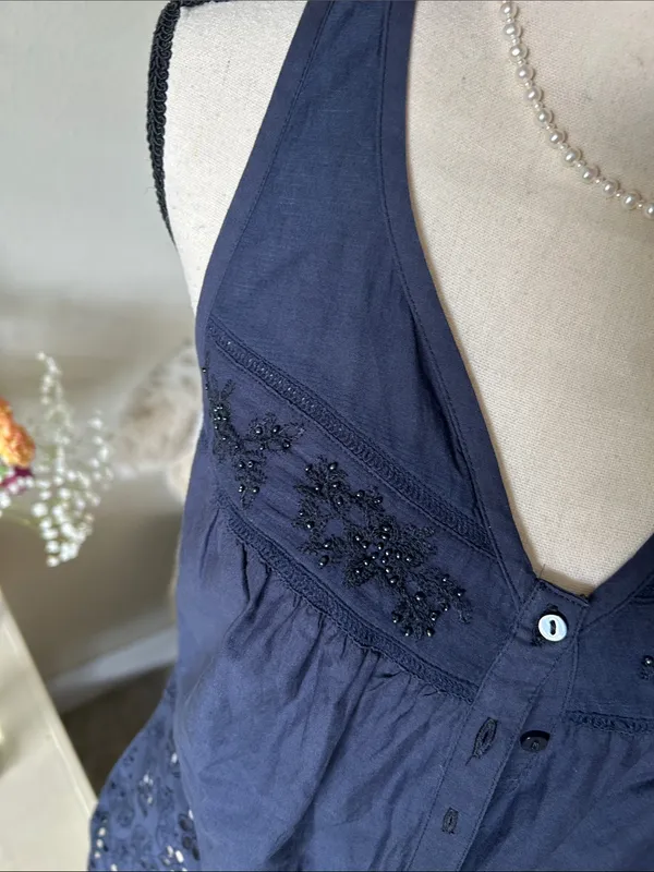 Boho western cottage navy cotton Beaded button down v neck blouse tank top M - Image 5