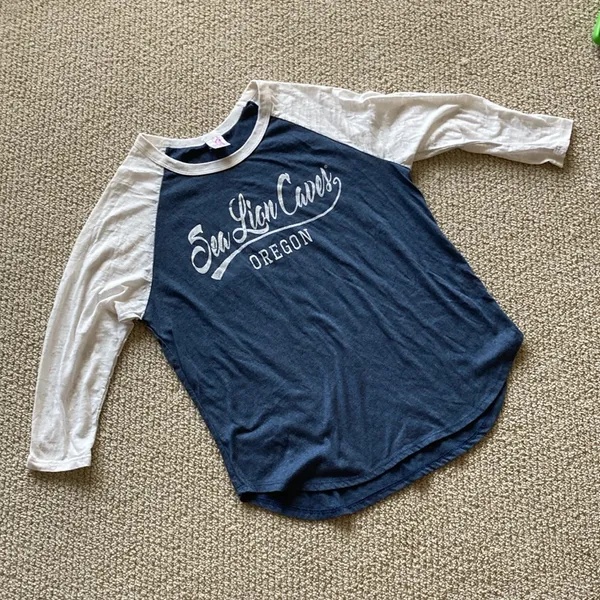 Prairie Mountain NEW Sea Lion Caves Oregon Women’s Baseball T-Shirt Navy Blue Grey Small NWOT - Image 2