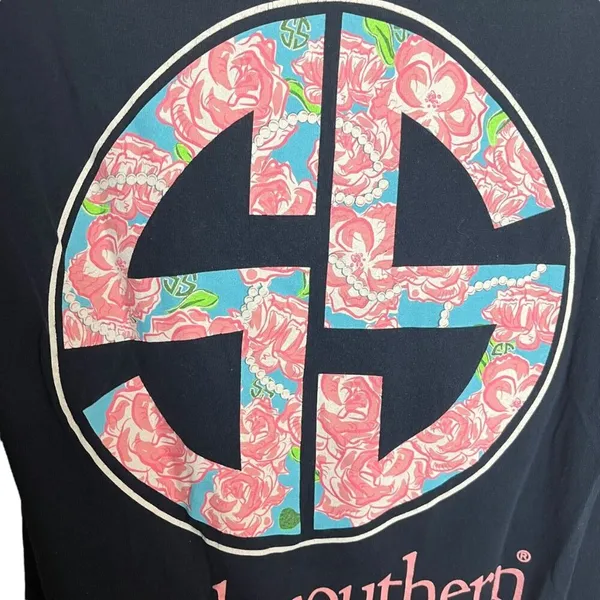 5/$25 Simply Southern Women's S‎ Graphic Tee Navy Pink Floral Logo Preppy - Image 3