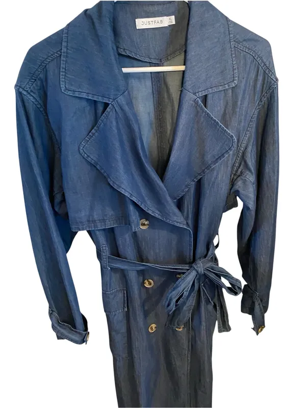 JustFab Double Breasted Longline lightweight Denim Trench Coat Belted minimalist - Image 6