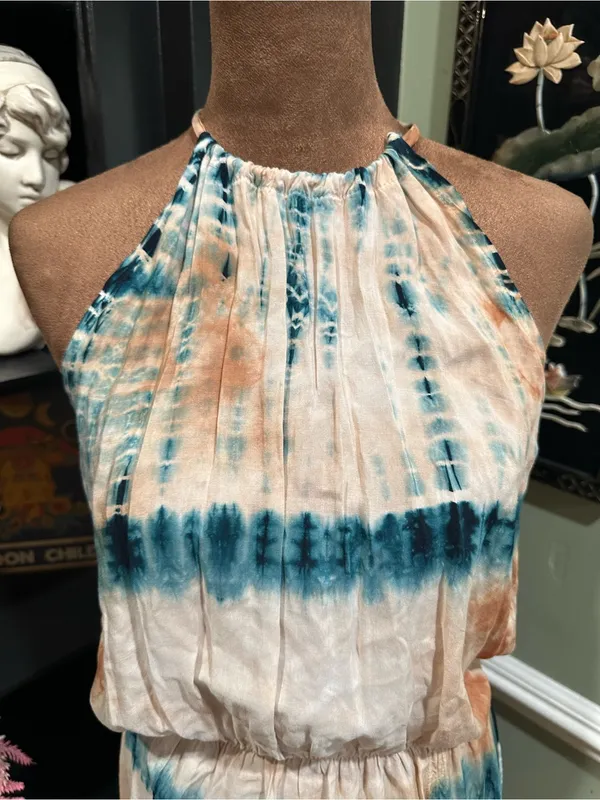 Blue Life Double Slit Halter Dress – Tan & Blue Tie Dye – Size Small - Image 2