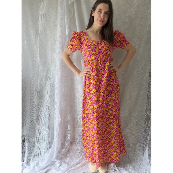 Vintage 70s Handmade Floral Puff Sleeve Maxi Dress Empire Waist Cottagecore - Image 4