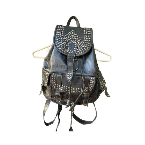 Vintage 70’s leather studded buckles backpack Black - Image 2
