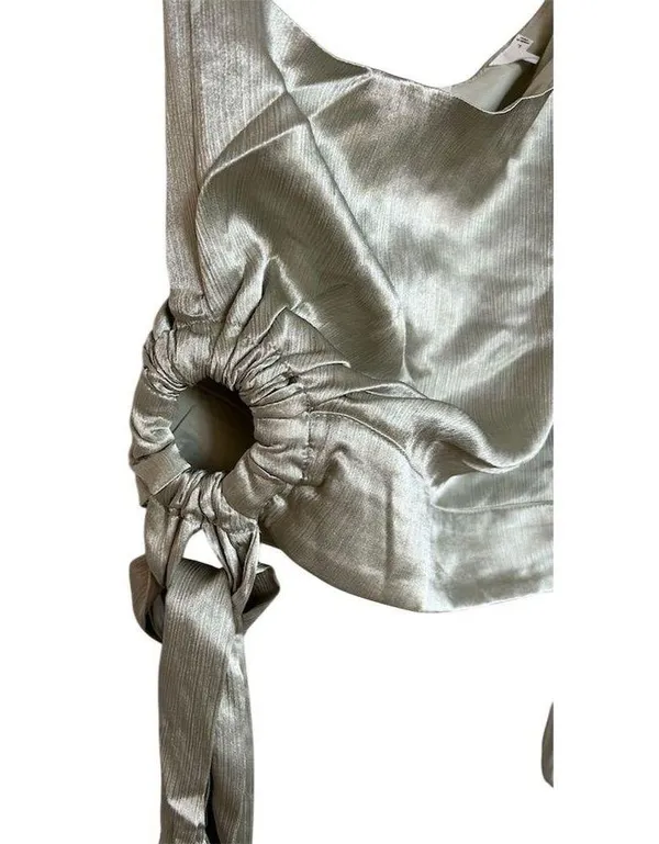 ASTR The Label Women's One Shoulder Side Tie Long Sleeve Top Green Satin Size L - Image 4