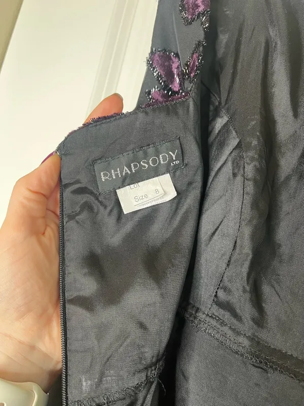 Rhapsody Vintage Y2K Black Formal Dress Whimsigoth Purple Floral Crushed Velvet Size 8 - Image 4