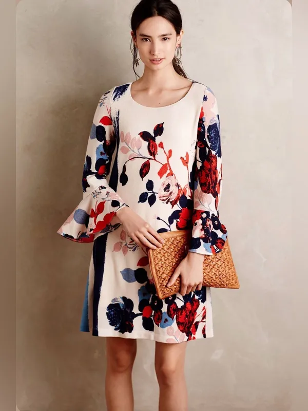Anthropologie Maeve Anthousai Boho floral knit bell-sleeve dress sz M - Image 5