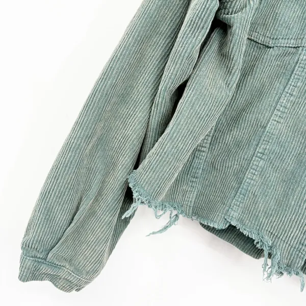 POL Womens Blue Green Corduroy Raw Hem Boho Grunge Trucker Jacket Size L - Image 4
