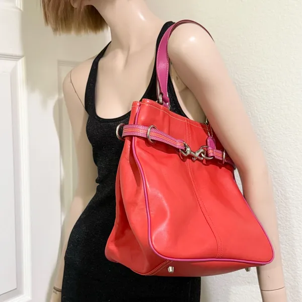 Rare Vintage Authentic COACH 9286 Leather Red-Orange/Pink Hampton Carryall Tote - Image 3
