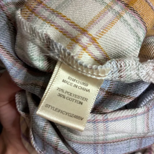 Charmed Hearts Mixed Plaid Patchwork Button Down Shirt Tan Blue Purple M - Image 5