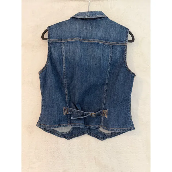 Chaps Denim Vest Womens L Blue Jean Button Front Cinch Back Stretch Medium Wash - Image 3