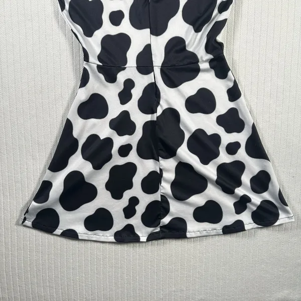 Women’s XS Black White Cow Print Mini Dress Spaghetti Strap Skater Casual - Image 10
