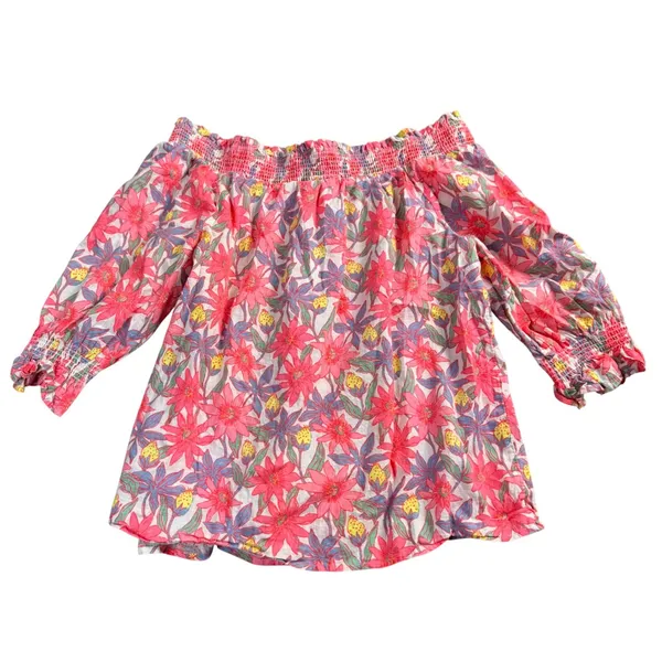 Vineyard Vines‎ Floral Off Shoulder Top Women Medium Pink Blue Smocked Boho - Image 4