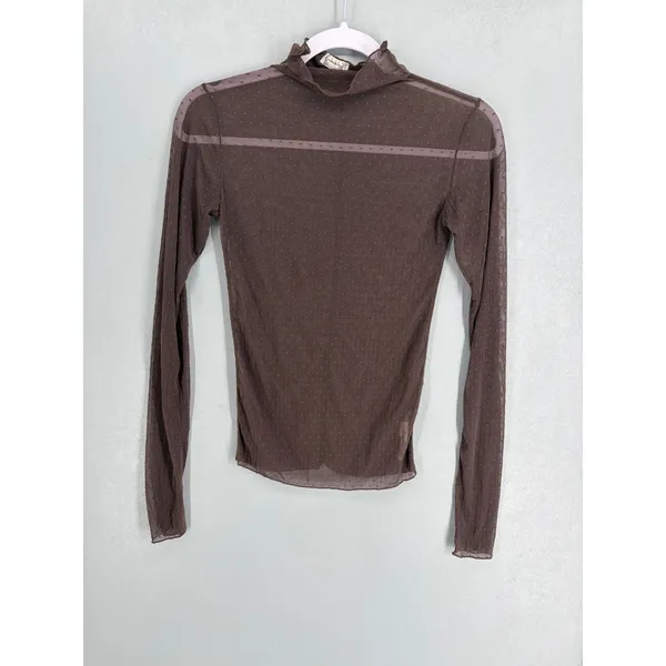 Free People Womens Mesh Top Brown Swiss Dot Sheer Mock Neck XS - Image 2