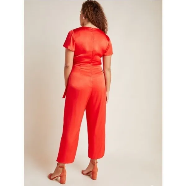 Anthropologie Maquelle Red Satin Short Sleeve Wide Leg Jumpsuit NEW Womes Medium - Image 2