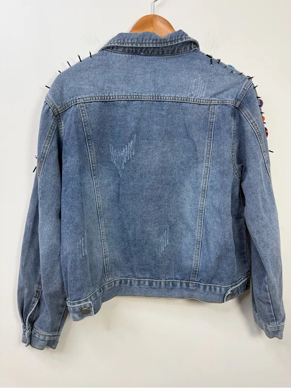 Blue B Collection Denim Jacket with Colorful Rhinestones and Spikes, Size M - Image 8
