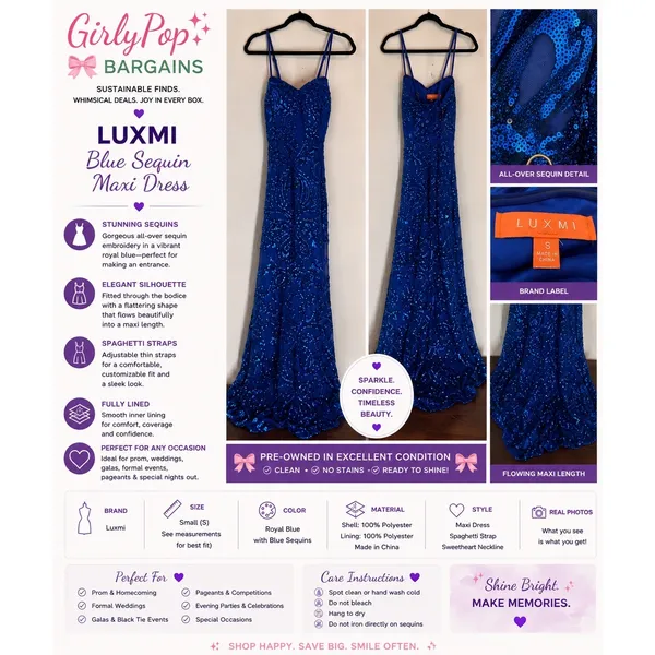Luxmi Royal Blue Sequin Mermaid Maxi Dress Small Formal Prom Gown Sweetheart - Image 2