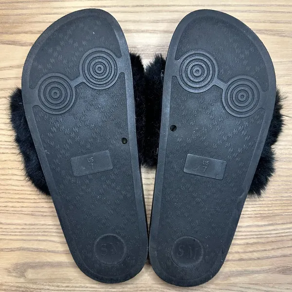 Steve Madden Black Faux Fur Shimmer Embellished Star Slide Sandals - Image 6