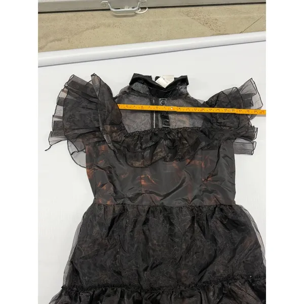 Wednesday Addams Gothic Tiered Maxi Dress Black Sheer Organza Ruffle Gown broken - Image 3