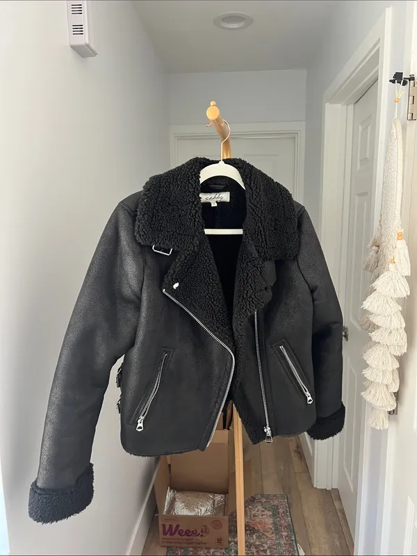 Sebby Black Washed Black Teddy Lined Aviator Bomber Style Full Zip Jacket M - Image 2