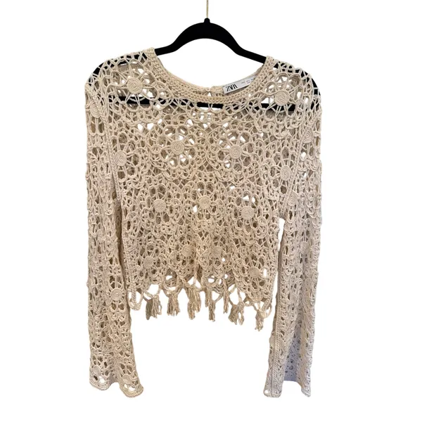 Zara Cream Crochet Open Knit Sweater Top Floral Fringe Boho Long Sleeve - Image 2