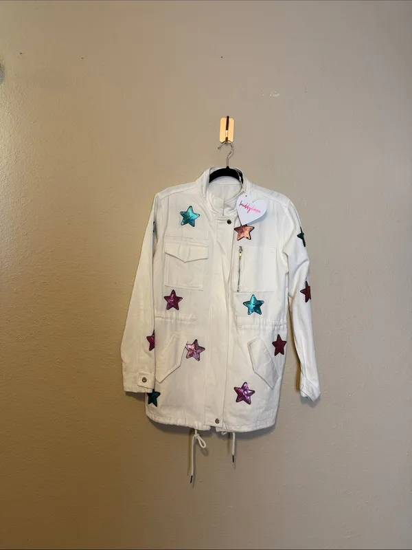 Buddy‎ Love White Denim Sequin Star Jacket Size Medium NWT - Image 3