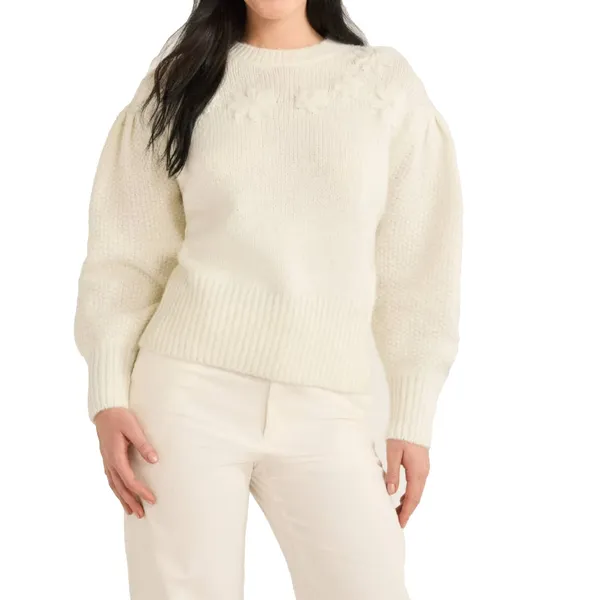 Free Assembly Womens Sweater Size S Cream Floral Embroidered Blouson Sleeve Knit - Image 2