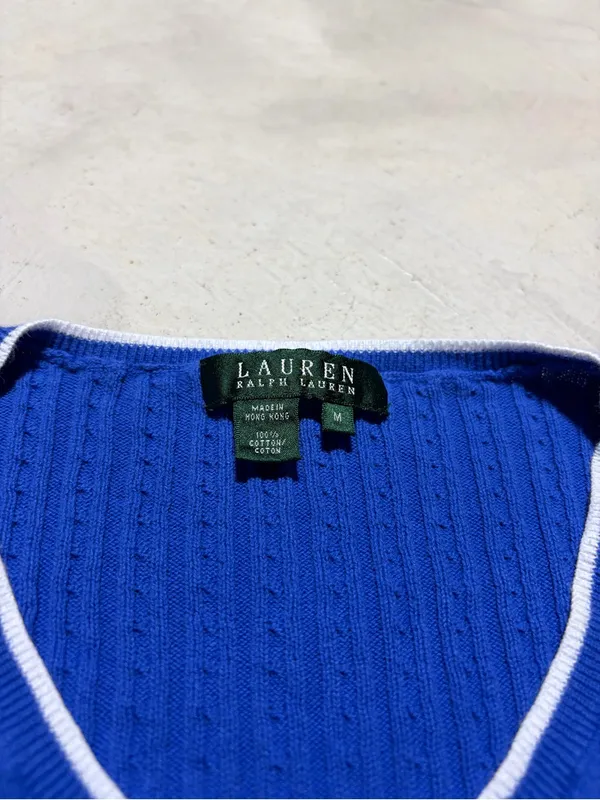 Lauren Ralph Lauren vintage Blue V-Neck Cable Knit Sweater medium cotton - Image 2