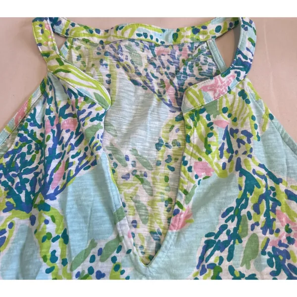 Lilly Pulitzer Blue Green Pink Coral Print‎ Cotton Halter V-Neck Tank Top Small - Image 2